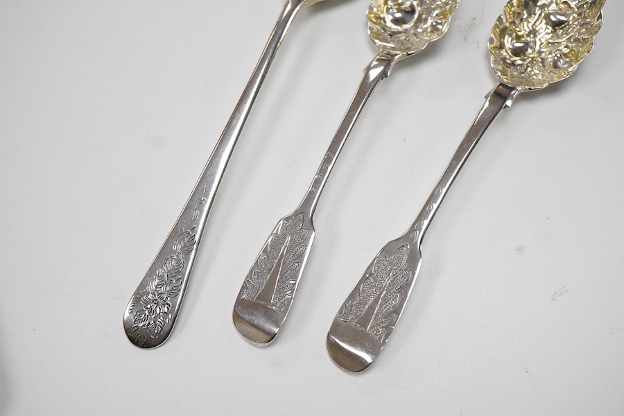 Two cased sets of six George VI silver teaspoons, Haseler & Restall, Birmingham, 1947, together with three assorted 19th century silver berry spoons.